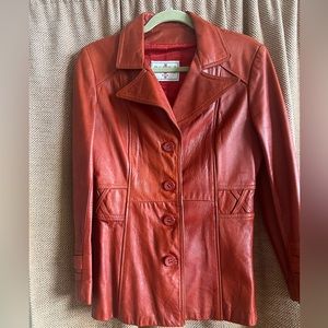 Gorgeous vintage 70s real tomato orange-red leather buttoned jacket, M to L